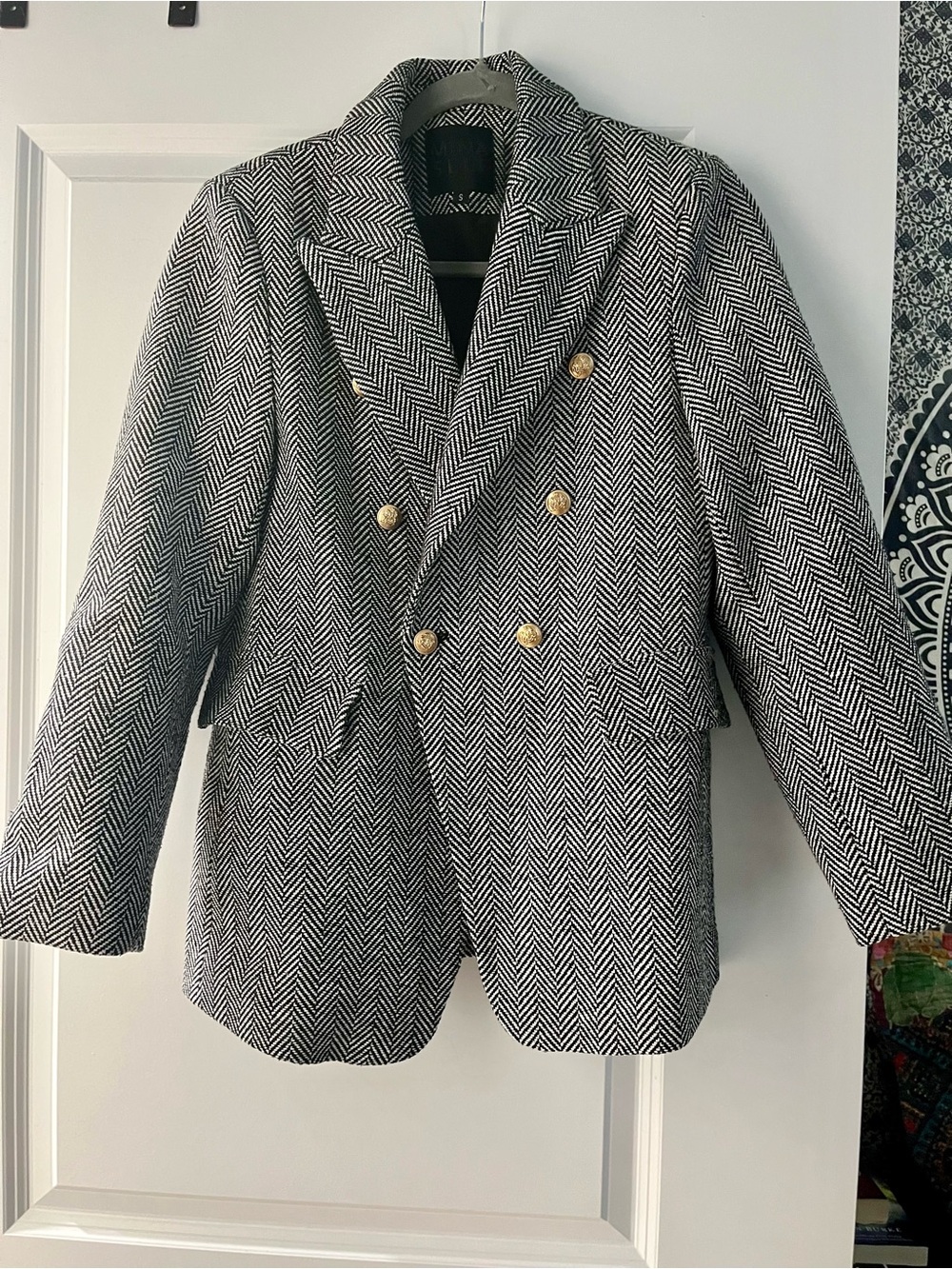Classic Herringbone Double-Breasted Blazer - Black & White